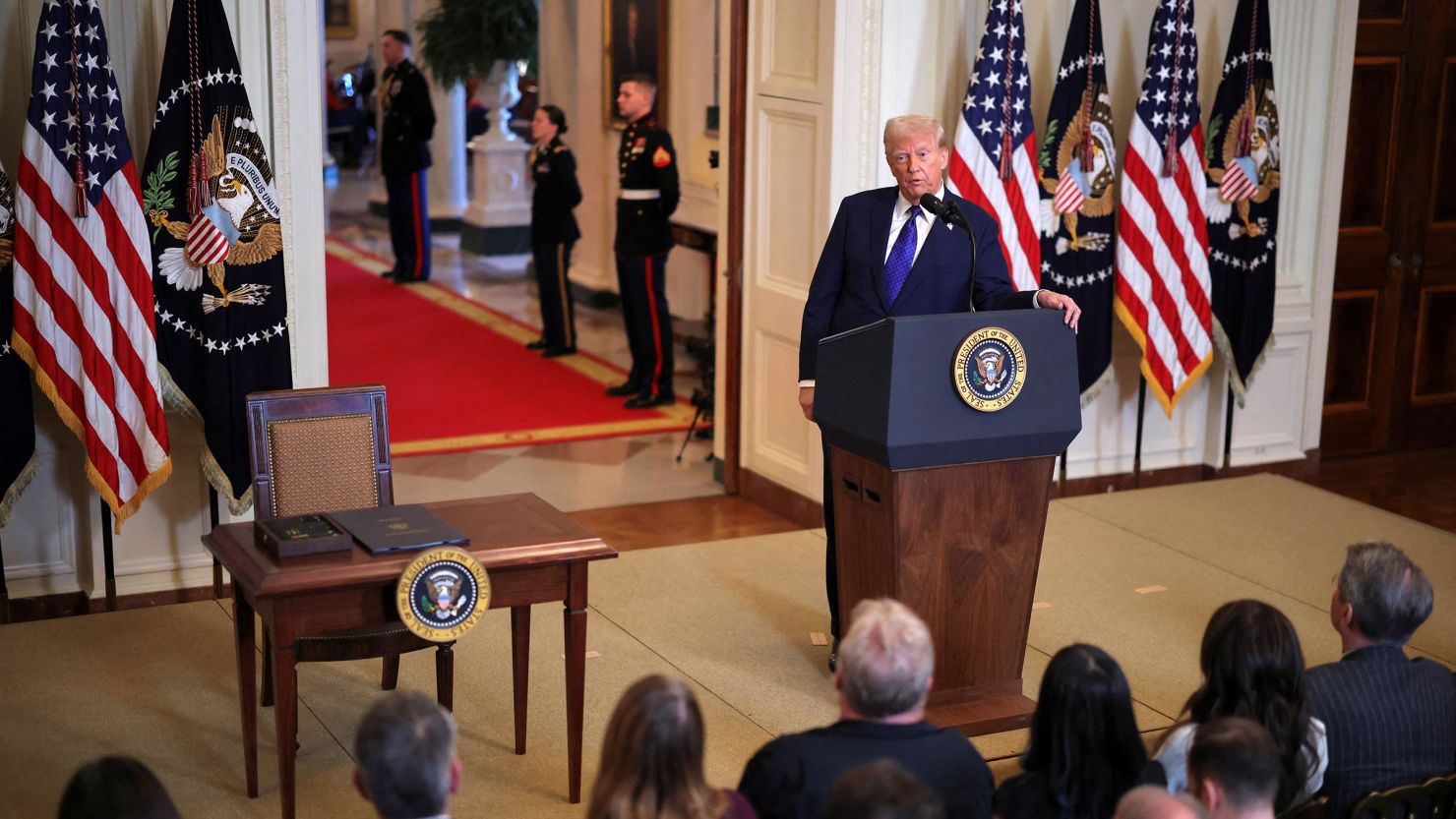 President Donald Trump speaks during an event to sign the Laken Riley Act at the White House in Washington, DC, on January 29.