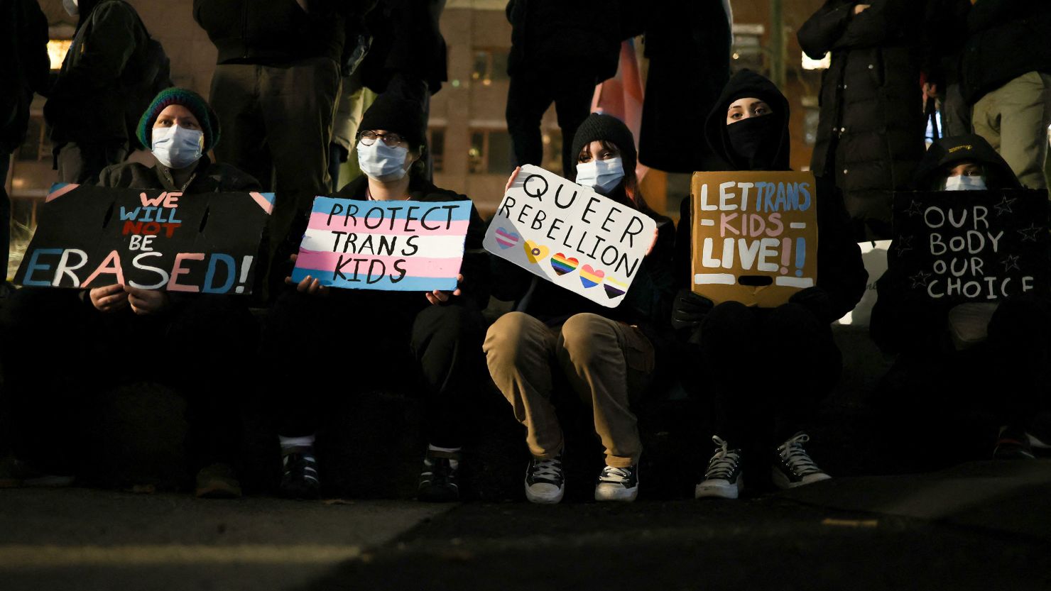 Trans-rights protesters gather in New York City on Monday, February 3.