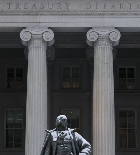 Signage on the exterior of the US Department of the Treasury building, Saturday, January 11, 2025, in Washington.