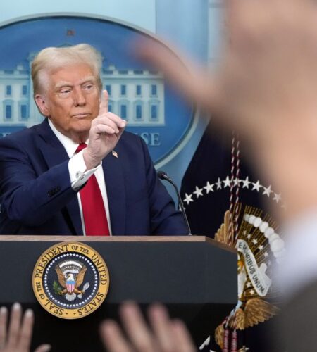 President Donald Trump speaks in the James Brady Press Briefing Room at the White House, Thursday, Jan. 30, 2025, in Washington.