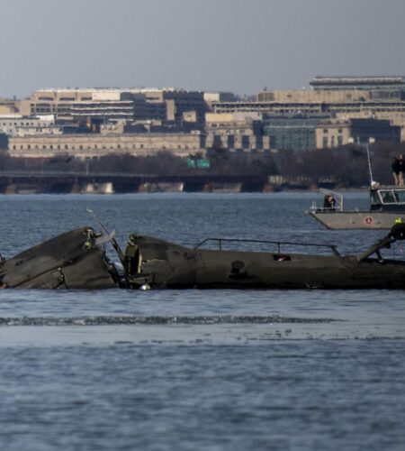 In this image provided by the U.S. Coast Guard, wreckage is seen in the Potomac River near Ronald Reagan Washington National Airport.