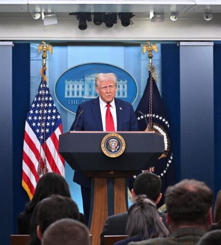 President Donald Trump speaks about the mid-air crash between American Airlines flight 5342 and a military helicopter in Washington, in the Brady Press Briefing Room at the White House on January 30, 2025 in Washington, DC.