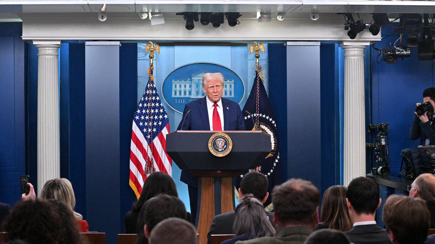 President Donald Trump speaks about the mid-air crash between American Airlines flight 5342 and a military helicopter in Washington, in the Brady Press Briefing Room at the White House on January 30, 2025 in Washington, DC.