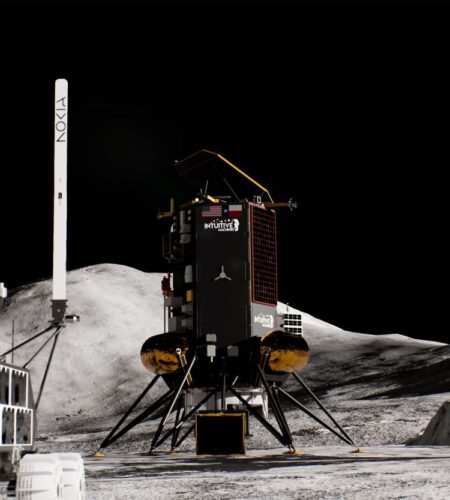 An artist rendering of the Lunar Outpost rover, with Nokia antennas extended, on the Moon, a vision of Nokia and NASA's mission to put a 4G cellular network on the lunar surface.